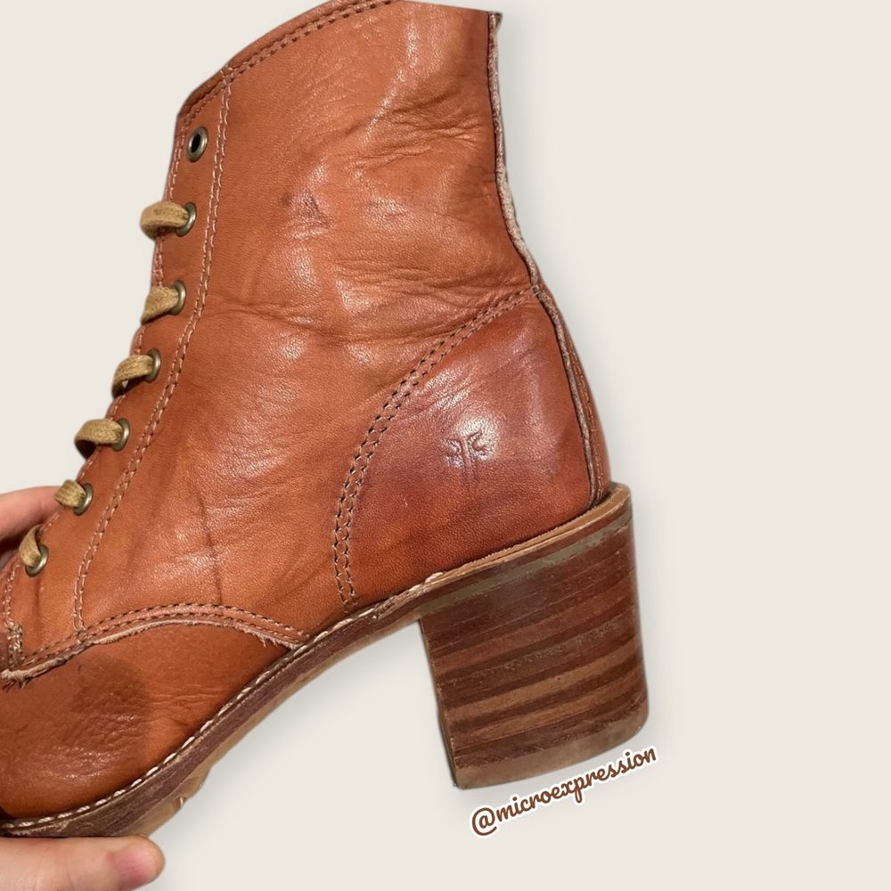 RARE Frye Sabrina 6G Lace Up Genuine Cognac Leather Classic Combat Ankle Boots - Picture 13 of 16